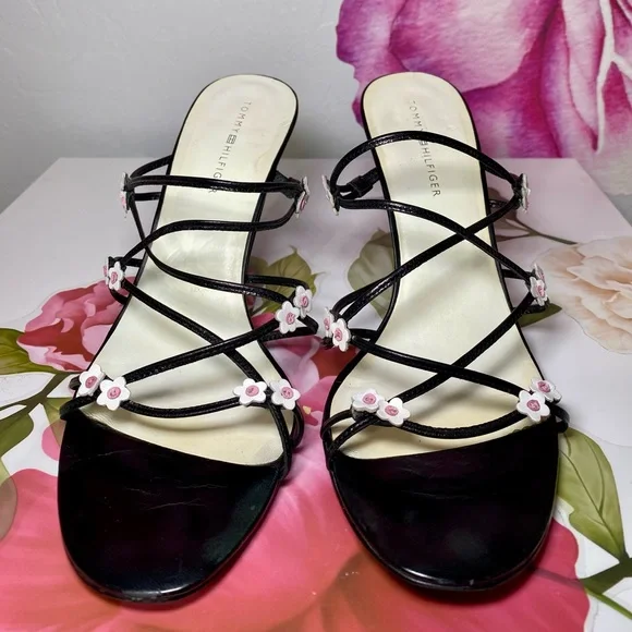 Tommy Hilfiger Black Strappy Heels with Pink Floral Accents - Picture 4 of 10